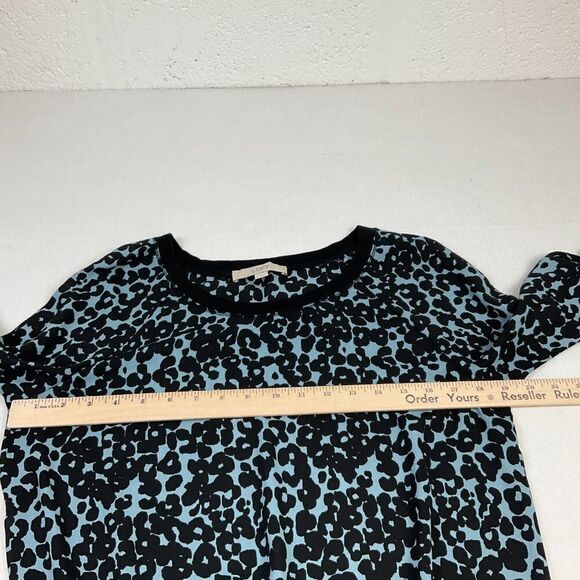 LOFT Womens Animal Print Blouse Blue Black Scoop Neck Pullover Top Long Sleeve S - Picture 7 of 12
